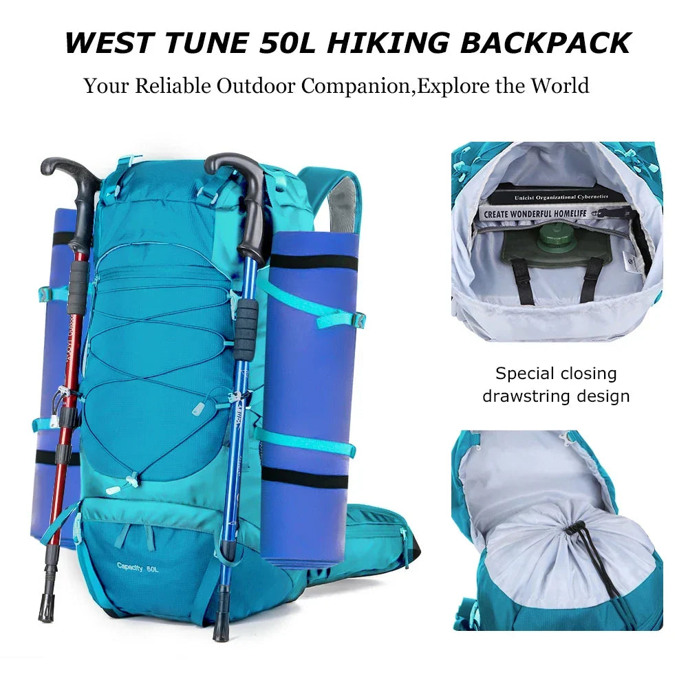 50L Hiking Backpack with Rain Cover Waterproof Rucksack Blue