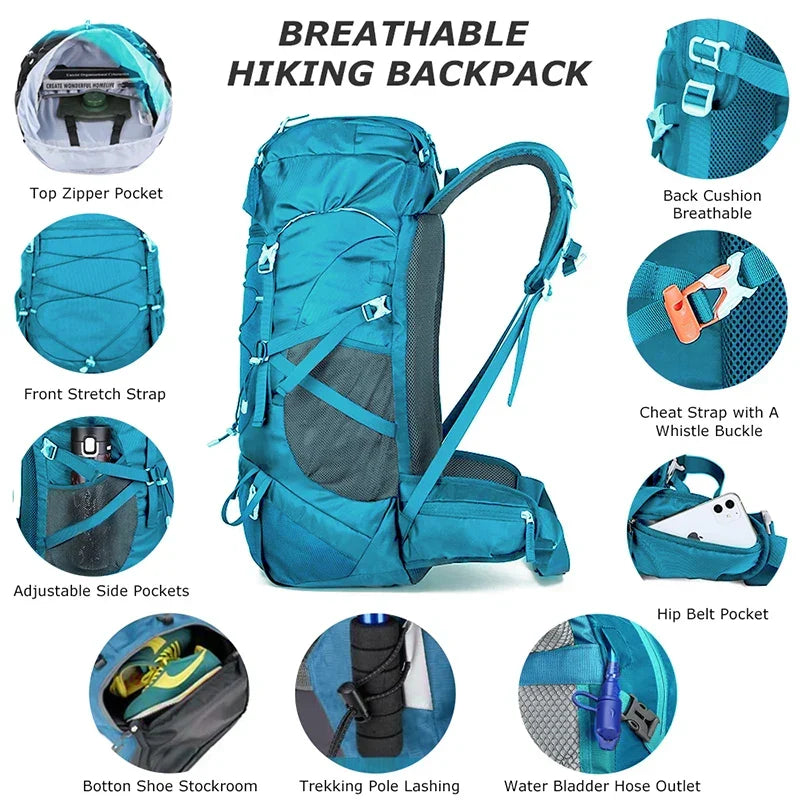 50L Hiking Backpack with Rain Cover Waterproof Rucksack Blue